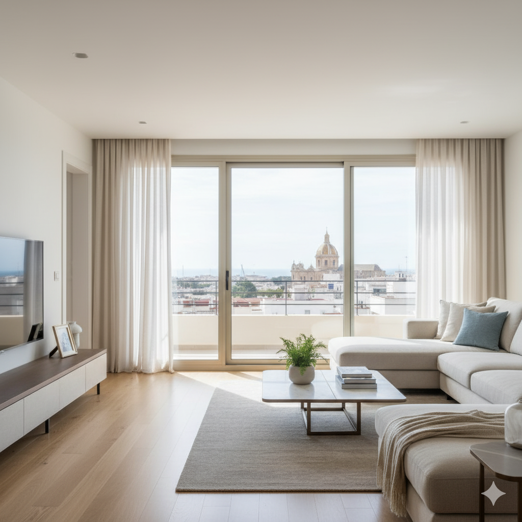 salon moderno luminoso vistas panoramicas catedral cadiz mar home staging diseño