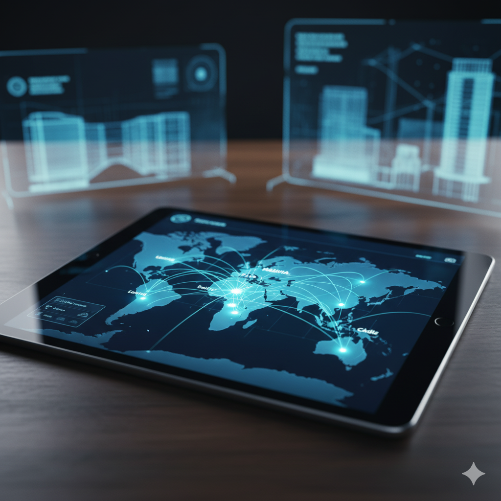 tableta mapa digital red global inmobiliaria lujo datos ciudades europeas